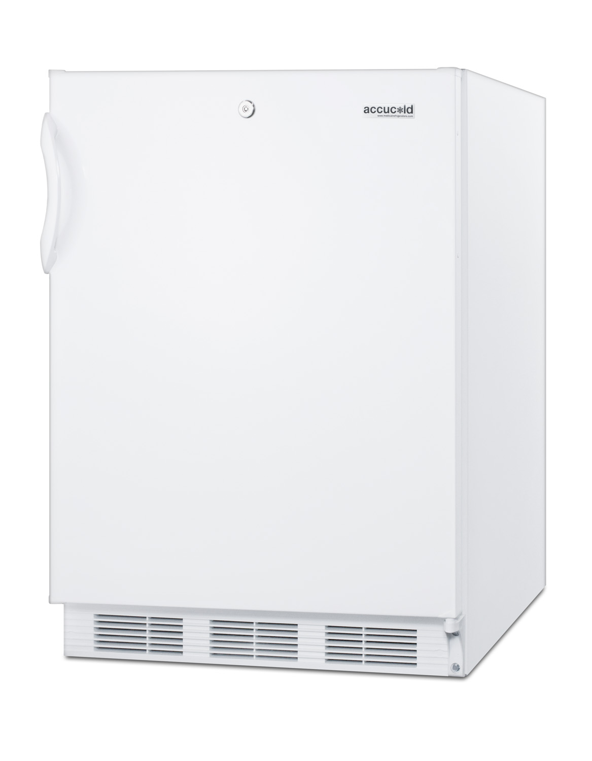 Freestanding ADA compliant refrigerator-freezer for general purpose use, with dual evaporator cooling, cycle defrost, lock, and white exterior